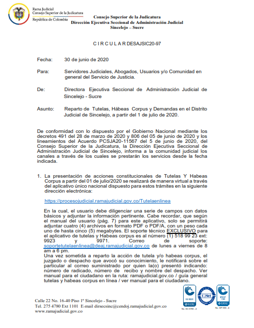 CIRCULAR DESAJSIC20-97 REPARTO TUTELAS, HABEAS CORPUS Y DEMANDAS DISTRITO JUDICIAL DE SINCELEJO